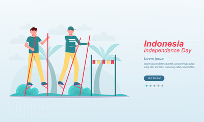 Happy indonesia Independence Day, 17 august 1945, celebrations with playing traditional game, cracker eating, sack races, spoon race, tug of war, Suitable for web landing page, social media post, ui, 