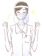 ナース服を着てフェイスシールドとマスクを付けて喜ぶ若い女性