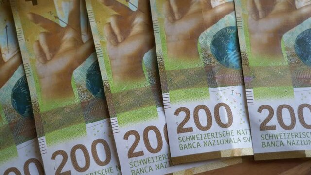 Close up shot of Swiss Money two hundred Chf francs,detail Banknotes