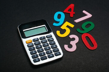 Colored numbers beside calclator  math skills concept