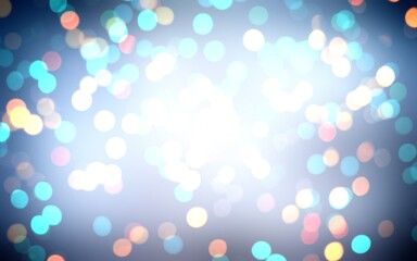 Dark blue frame blur decorated colorful shiny confetti bokeh pattern. Magical night festive background.