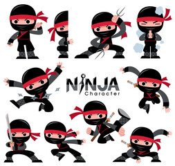 Vector illustration of Cartoon Ninja character set. fighting poses - obrazy, fototapety, plakaty