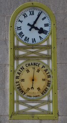 Brass clock face with Roman numerals and barometer