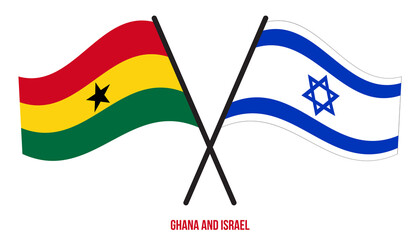 Ghana and Israel Flags Crossed And Waving Flat Style. Official Proportion. Correct Colors.