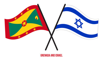 Grenada and Israel Flags Crossed And Waving Flat Style. Official Proportion. Correct Colors.