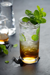 Glass of cold drink with fresh mint leaves