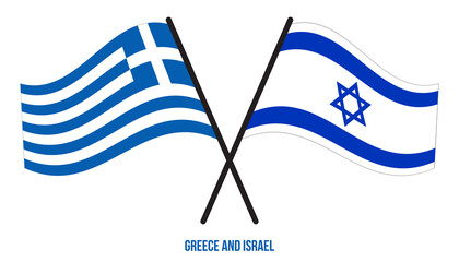 Greece and Israel Flags Crossed And Waving Flat Style. Official Proportion. Correct Colors.