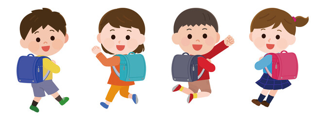 ランドセルをしょって嬉しそうな小学生低学年男女たち　私服　イラスト