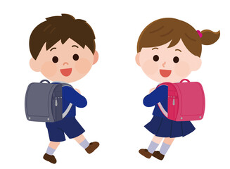 ランドセルを背負って嬉しそうな小学生低学年男女　制服　イラスト