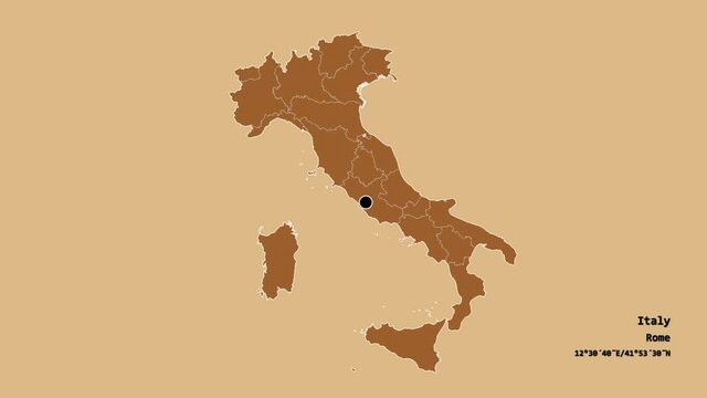 Abruzzo, region of Italy, with its capital, localized, outlined and zoomed with informative overlays on a solid patterned map in the Stereographic projection. Animation 3D