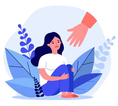 Young woman getting help and cure from stress flat illustration. Girl feeling anxiety and loneliness. Helping hand. Psychotherapy, counseling and psychological support concept.