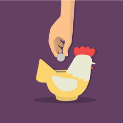 saving money in a chicken piggy bank, flat design vector illustration