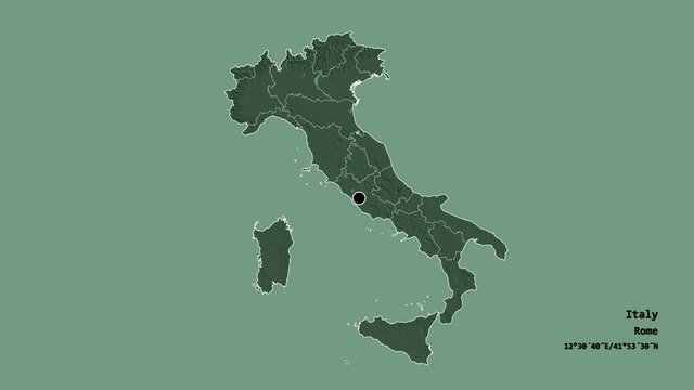 Friuli-Venezia Giulia, autonomous region of Italy, with its capital, localized, outlined and zoomed with informative overlays on a administrative map in the Stereographic projection. Animation 3D