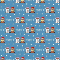 Seamless pattern with cartoon bull and cow. New year background 2021. Vector illustration.