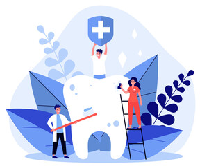 Tiny people cleaning big tooth flat illustration. Man holding banner with medical symbol. Doctor and dentist brushing teeth with toothbrush. Stomatology and healthcare concept.