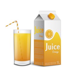 Realistic mockup of a package of orange juice and a glass with a straw.