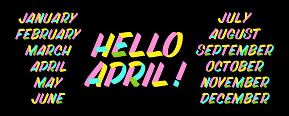 Set of Monthes sign brush lettering. Hello January, February, March, April, May, June, July, August, September, October, November, December graffiti on white background