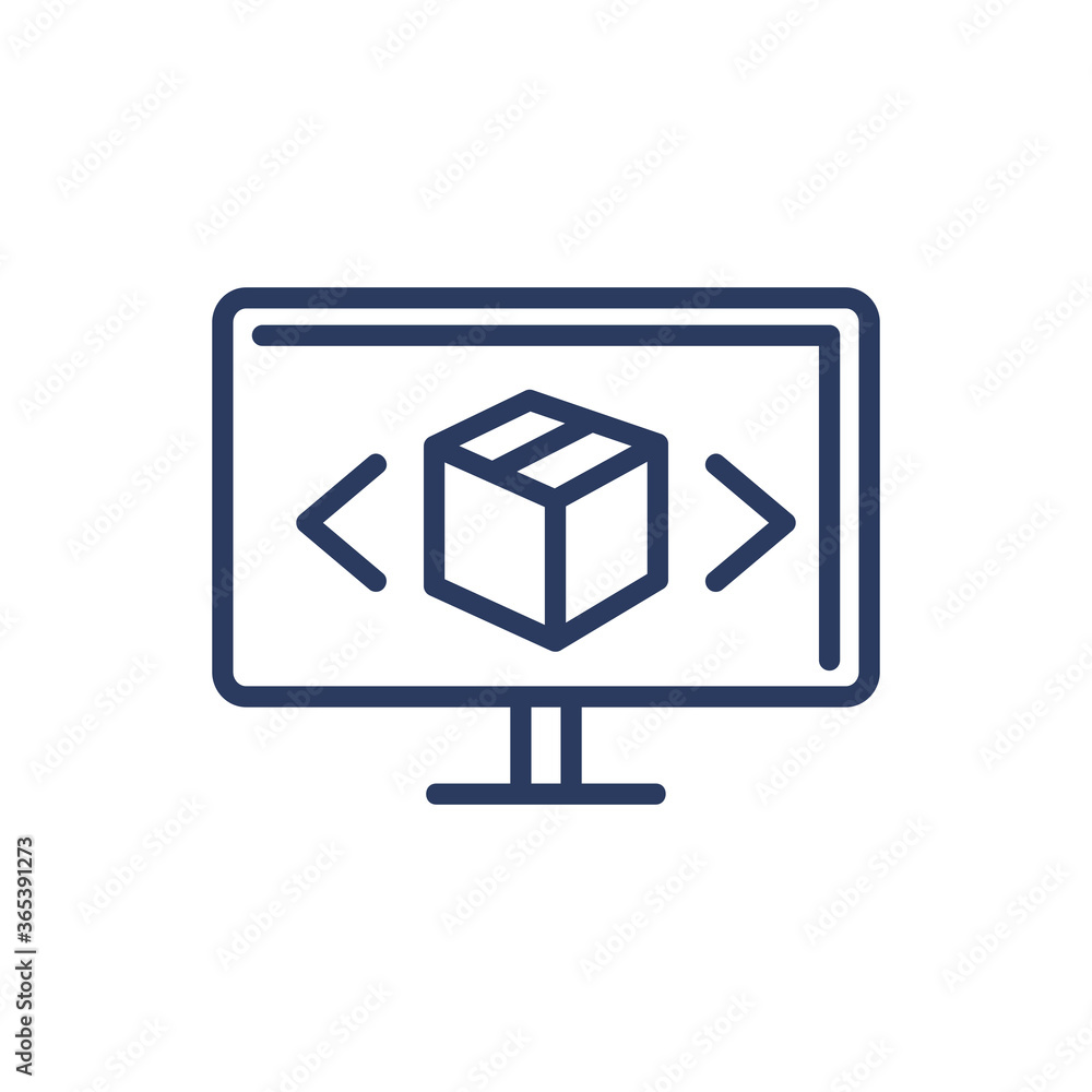 Poster cardboard box on screen thin line icon. arrow, parcel, post isolated outline sign. delivery and ship