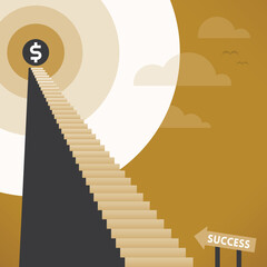 Staircase of Business Success. Abstract staircase to business success with shining dollar symbol on the top. Concepts: Long way to efficiency, management, making money, investments, leadership etc.