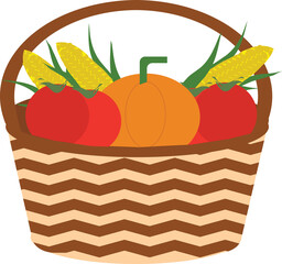 Illustration Basket of Corn, Tomato and Pumpkin