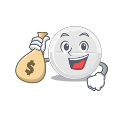Crazy rich Cartoon picture of tablet drug having money bags
