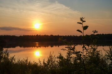 Obraz premium Dramatic and colorful sunset over a forest lake reflected in the water. Blakheide, Beerse, Belgium. High quality photo