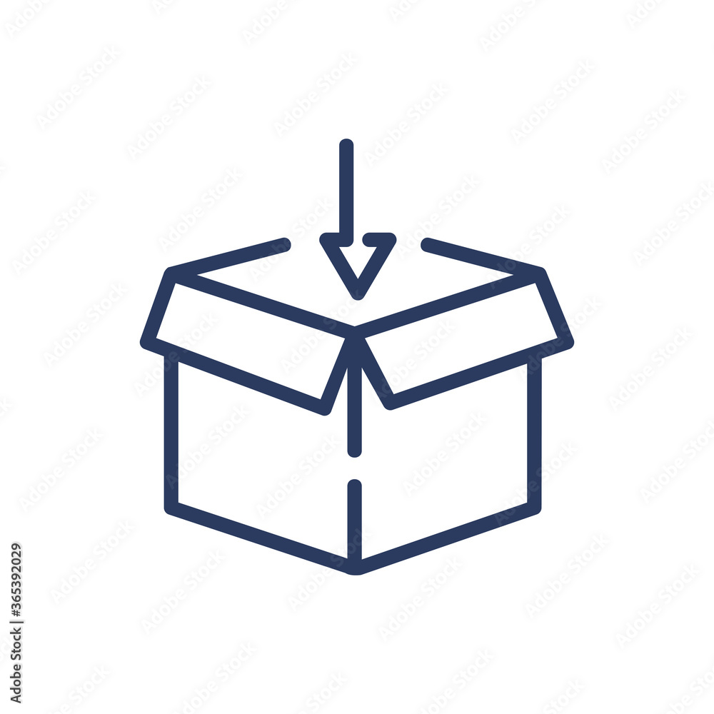 Poster open box and arrow thin line icon. cardboard, parcel, import isolated outline sign. delivery and shi
