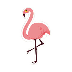 Fototapeta premium Sticker with beautiful exotic pink flamingo bird in cartoon style.