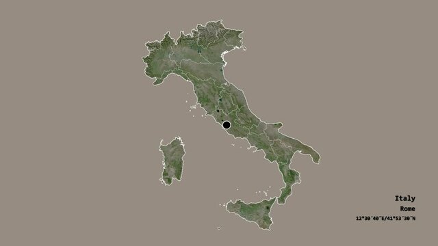 Sicily, autonomous region of Italy, with its capital, localized, outlined and zoomed with informative overlays on a satellite map in the Stereographic projection. Animation 3D