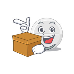 A smiling tablet drug cartoon mascot style having a box