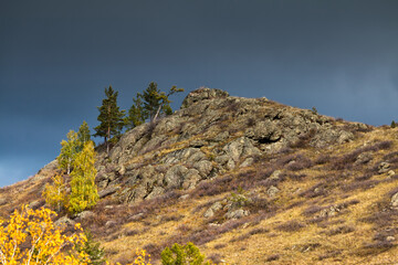 Rocky mountain peak covered with trees on a cloudy autumn day
