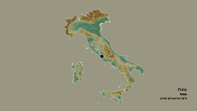 Toscana, region of Italy, with its capital, localized, outlined and zoomed with informative overlays on a relief map in the Stereographic projection. Animation 3D