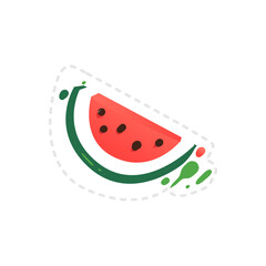 Juicy watermelon slice sticker flat vector illustration isolated on background.