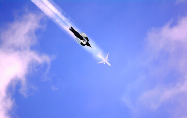 Magpie and plane fly in unison