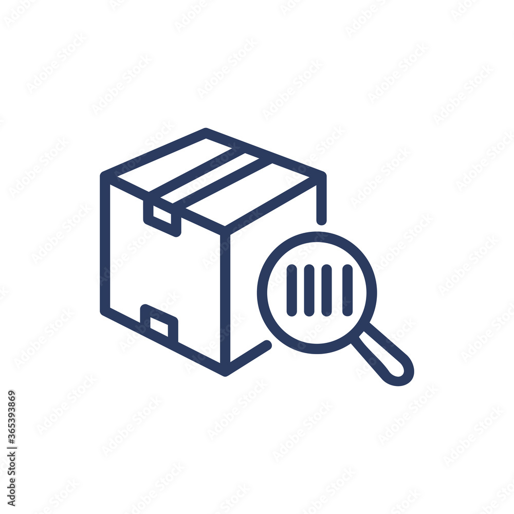 Poster cardboard box and magnifier thin line icon. code, package, address isolated outline sign. delivery a