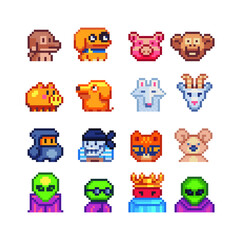 Animals head pixel art characters set, mosaic design, dog, monkey, cat, kuala, goat, pig, isolated vector  illustration. Design for stickers, logo, embroidery and app. Video game assets 8-bit.