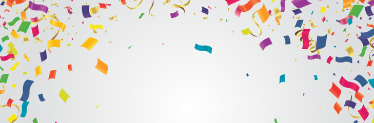 Cover with colored balloons, garlands and confetti on the white. celebration background template