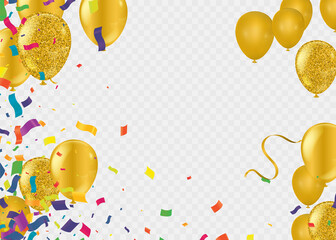Gold  balloons, confetti, flag and party popper on white background. Vector illustration