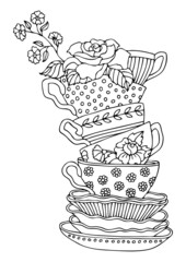 Tea time. Hand drawn tea cups with flowers. Sketch for anti-stress adult coloring book in zen-tangle style. Vector illustration  for coloring page, isolated on white background.