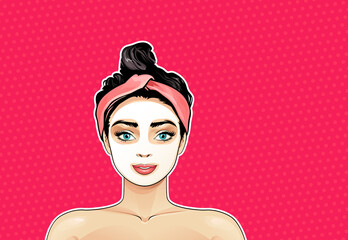 Young Beautiful Brunette Woman Makes A Homemade Natural White Clay Face Mask by Using Natural Skin Care Products vector illustration in comic or pop art style
