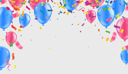 Border of realistic colorful helium balloons isolated on background. Party decoration frame for birthday, anniversary