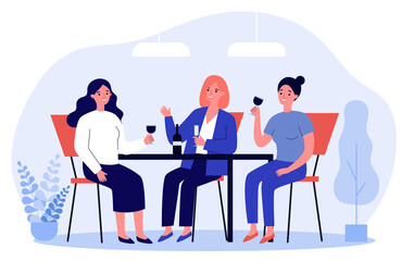 Happy female friends hanging out in cafe. Cheerful women sitting at table, talking, laughing, drinking wine. illustration for communication, friendship, friendly meeting concept