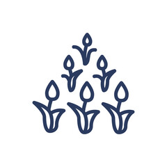 Tulip field thin line icon. Flowers, garden, plantation isolated outline sign. Farming, agriculture, Holland concept. Vector illustration symbol element for web design and apps
