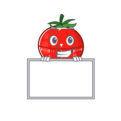 Funny cartoon design style tomato kitchen timer standing behind a board