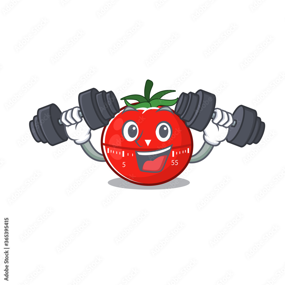 Poster muscular tomato kitchen timer mascot design with barbells during exercise