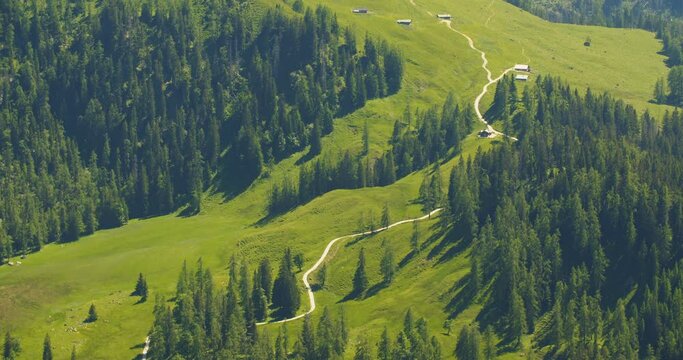 Locked down shot of a mountain trail as seen from the Jenner mountaintop (1874m) at the Berchtesgaden National Park, Germany.