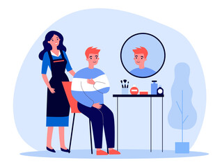 Young man visiting hairdresser. Red haired guy sitting at with woman in apron behind flat vector illustration. Hairdressing saloon, hairstyle concept for banner, website design or landing web page