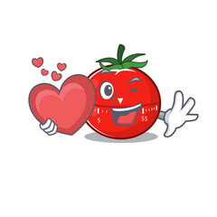 A lovable tomato kitchen timer caricature design style holding a big heart