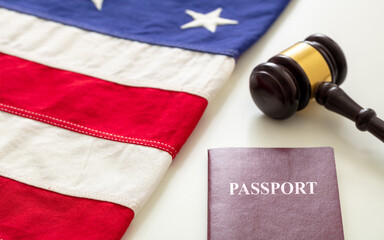 Fototapeta premium Passport, law gavel and USA flag on white background, close up view.