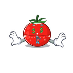 happy rich cartoon concept of tomato kitchen timer with money eyes